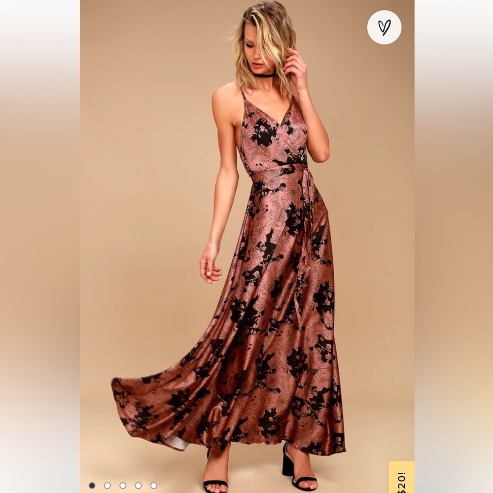 Lulu’s Tea Gardens Rusty Rose Floral Print Satin Maxi Dress